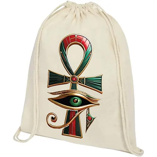 Cotton Canvas Drawstring Backpack, Egyptian Eye Design, 35 x 45 cm, Beige Tribal Mask Pattern, Unisex