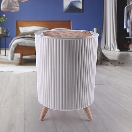 Decoration Trash Can, Creative Sliding Lid and Wooden Legs, Black (ابيض)