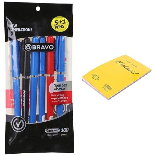 Bravo Stationery Bundle: 100 Ballpoint Pen 6-Pack + Maayergy Block Note A5 70 Sheets