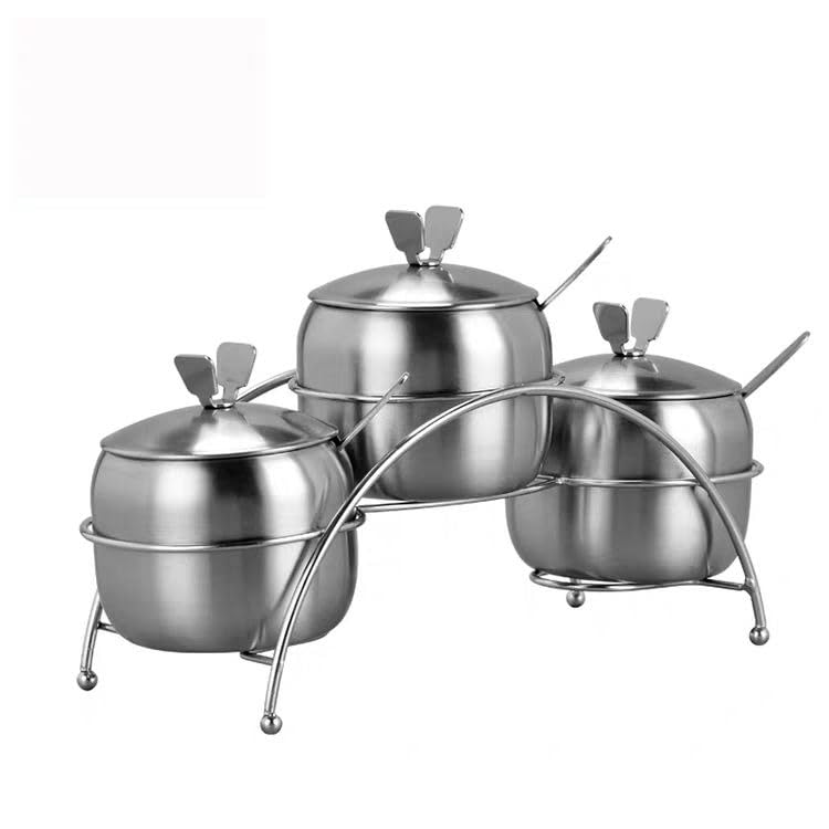 Stainless Steel Spice Jars Set with Holder - Sugar Bowl Seasoning Containers with Spoon for Salt, Tea, Pepper and Sugar, Durable Kitchen Storage