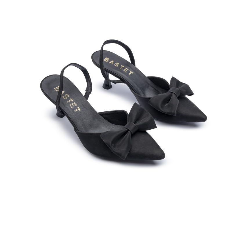 BASTET "Ished" Women’s 7cm Slingback Pumps with Bow – Pointed Toe Satin PU & PVC Sole – Elegant Evening & Party Shoes - K7(005)
