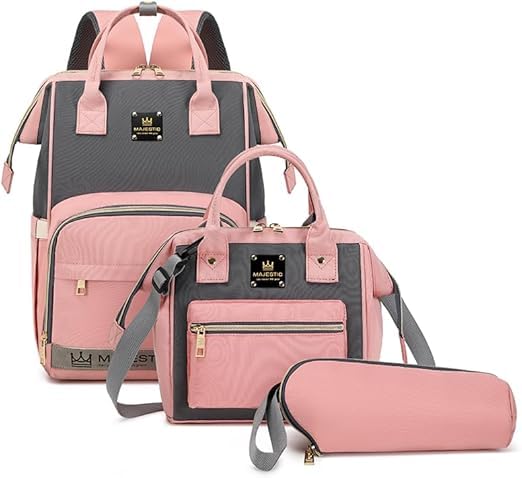 Majestic Diaper Bag Backpack Set – 3-in-1 Waterproof Stylish & Spacious Maternity Travel Bag MAJ133-Pink&Grey, M
