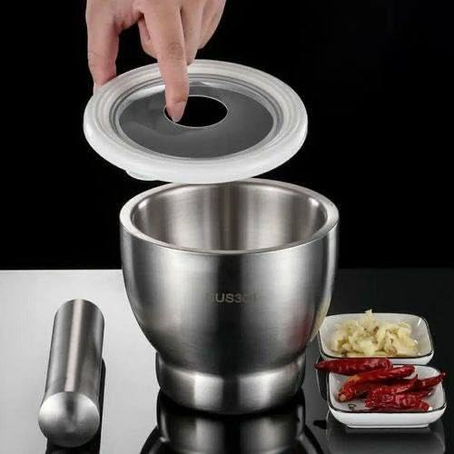 Stainless Steel Mortar and Pestle with Lid Kitchen Grinding Bowl Garlic Seasoning Tools