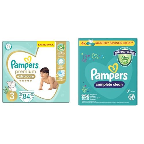 Pampers Premium EXTRA CARE Taped Diapers, Size 3, 6-10 kg, with Lotion with Aloe Vera, Saving Pack, 84 Baby Diapers +Wipes