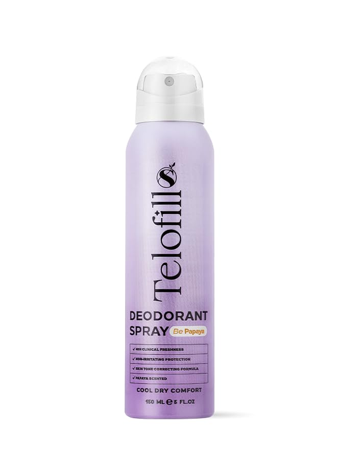 Telofill Deodorant Spray Be Papaya, 150 ML, Cool Dry Comfort, Papaya Scented, Long-Lasting Protection