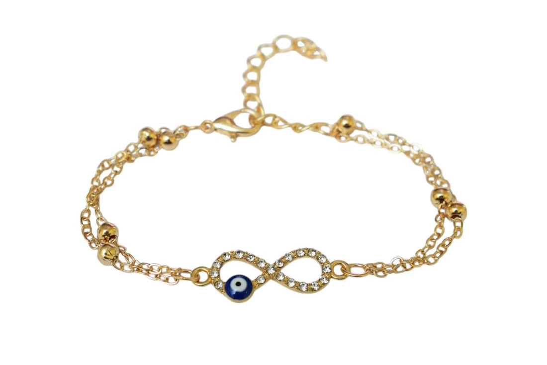 Stainless Steel Bracelet with Infinity and Blue Eye Pendent for Women - Gold