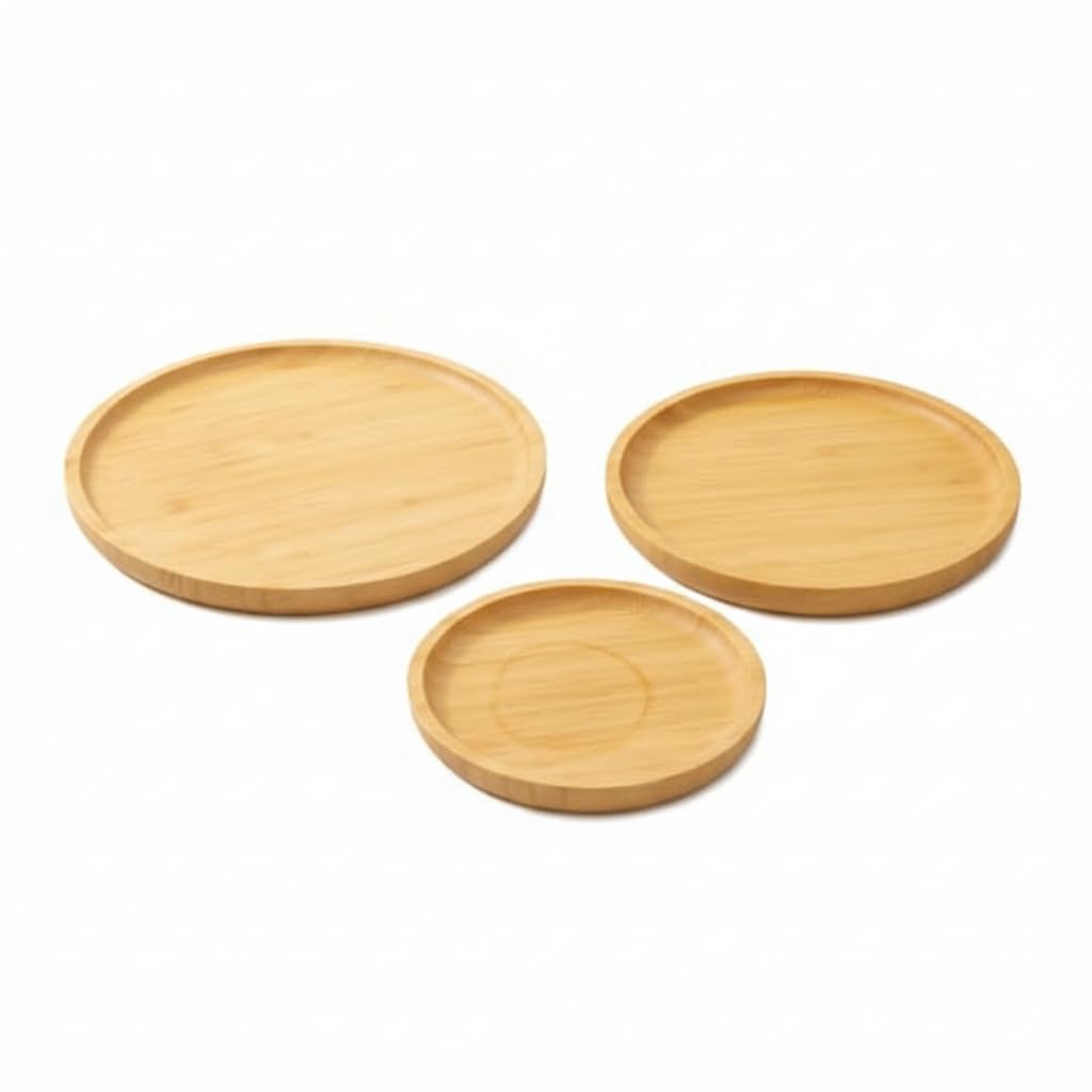 Home Care WW-327 3-Piece Round Bamboo Tray Set Elegant Kitchen Serving, Pack of 1 - Bamboo
