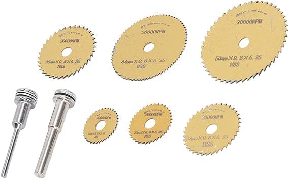 8Pcs Mini HSS Circular Saw Blade Rotary Cutter Set, Gold, High Speed Steel, Wood, Plastic & Soft Materials, 20,000 RPM, 22-50mm Sizes, 6.35mm Hole, 2 Mandrel