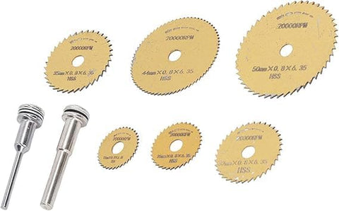 8Pcs Mini HSS Circular Saw Blade Rotary Cutter Set, Gold, High Speed Steel, Wood, Plastic & Soft Materials, 20,000 RPM, 22-50mm Sizes, 6.35mm Hole, 2 Mandrel