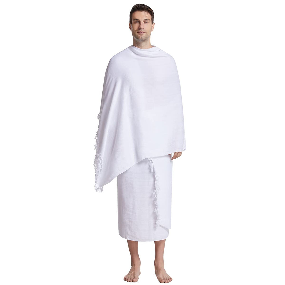 Muslim Pilgrim Scarf Hajj Clothing for Men Prayer Dress Breathable Plain Two Piece Set Protective Suit Travel Islamic Turkish Clothing One Size White