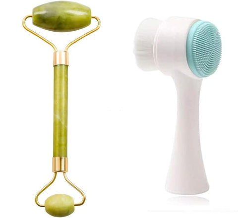 VETELLY- Set of Jade Roller and Gua Sha Set 100% All-Natural Jade + Manual Facial Cleansing Brush (Random Color)