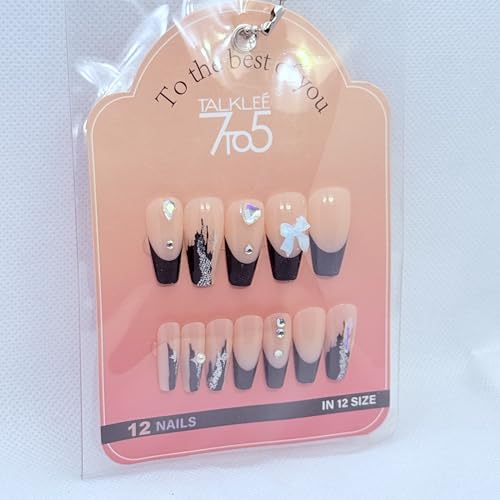Coffin Press On Nails Set – 12 Designs Fake Nails with Glitter and Rhinestones, Long Glossy Salon Finish, Reusable Press On Nails for Women (Black French & Glitter)