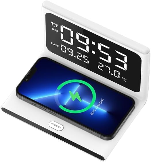 V Volt 15W Fast Wireless Charger with Alarm Clock and Temperature Multifunction - Fast Charging and Night Light, Multi-Device Charging, Modern and Durable Design