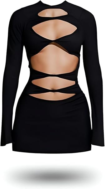 Sexy Outfit - Bold women's bodycon mini dress featuring long sleeves, chest and belly cutouts, available in multiple colors, elastic fabric hugging curves for confident party looks
