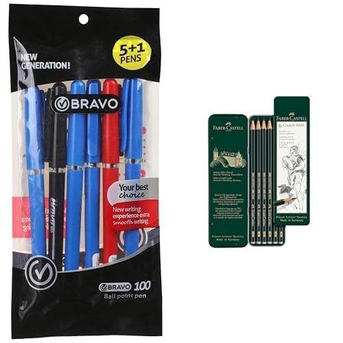 Bravo Stationery Bundle: 100 Ballpoint Pen 6-Pack + Faber-Castell 9000 Graphite Pencils 6-Pack