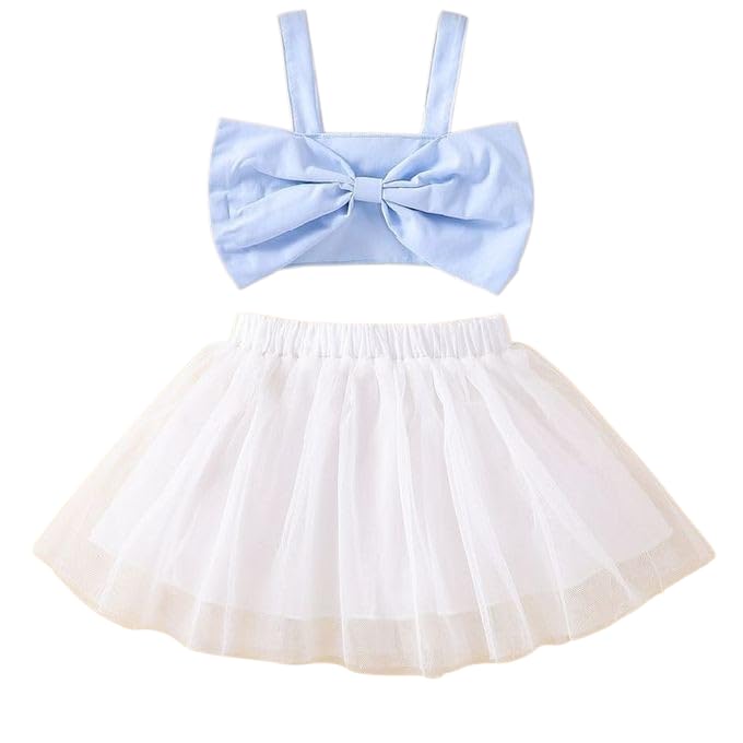 Baby Girls Clothes Set, Blue Bow Top and White Tulle Skirt, 2-5 Years
