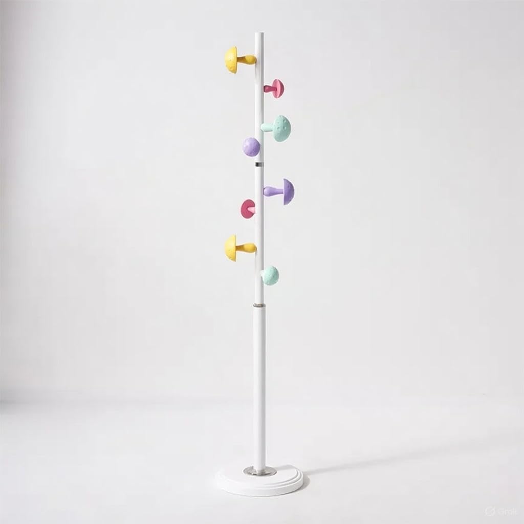 Mushroom Design Kids Standing Coat Rack, Metal with Colorful Mushroom Hooks, Resin Base 30cm, Height 167cm, White