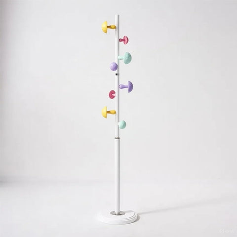 Mushroom Design Kids Standing Coat Rack, Metal with Colorful Mushroom Hooks, Resin Base 30cm, Height 167cm, White