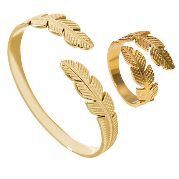 Set Jewelry Ring And Bracelet Feather Symbolizing Freedom And Grace Stainless Steel 18k Gold Plated - 2 PCS Adjustable