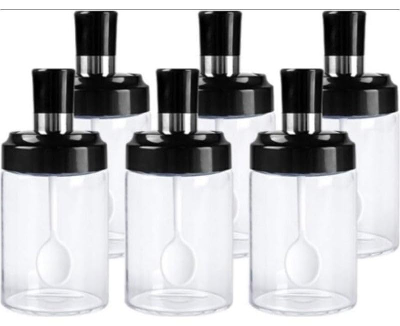 6 Piece Glass Kitchen Spice Jars with Spoons Honey Dispenser Jar and Airtight Lid - 6 Piece Spice and Seasoning Set - Glass Spice Jar Set - Tall Glass Storage Container Set for Spices and Pulses - Tra