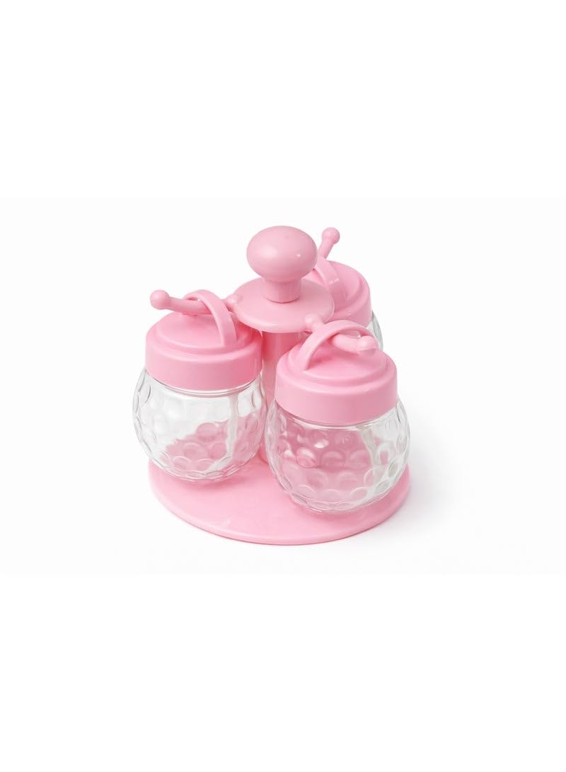 3-Piece Rotating Spice & Condiment Jar Set with Spoons and Spinning Stand - Textured Clear Design - Pink.