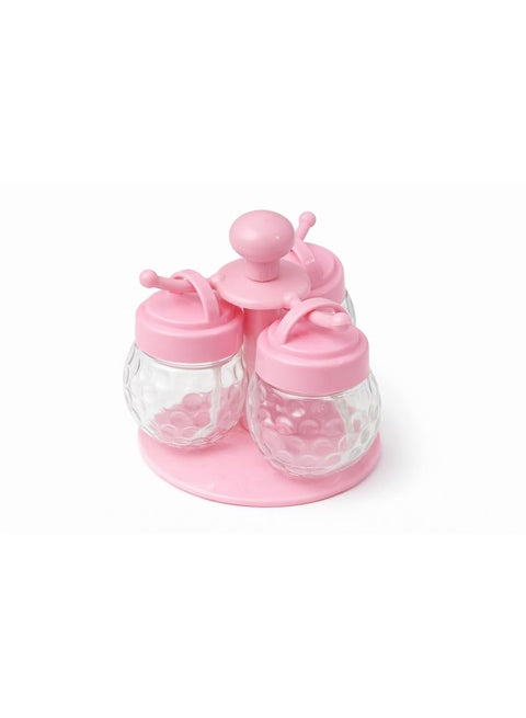 3-Piece Rotating Spice & Condiment Jar Set with Spoons and Spinning Stand - Textured Clear Design - Pink.