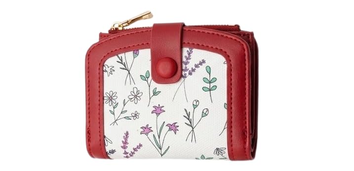 Small Zip-Around Wallet for Women, Floral Print, Snap Closure, Compact Bifold Purse-VOLA-90 (Red)