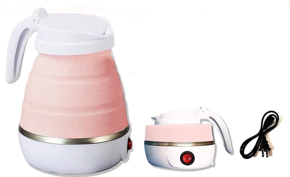 Electric Kettle Foldable Silicone Kettle Easy Storage Fast Water Pot Heater for Tea and Coffee 600ml Sold by (Black Fire) (Pink)