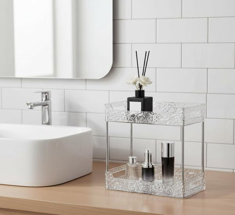 2-Tier Acrylic Makeup Organizer and Cosmetics Storage Box Transparent Vanity Display Shelf for Jewelry Skin Care Products and Beauty Accessories