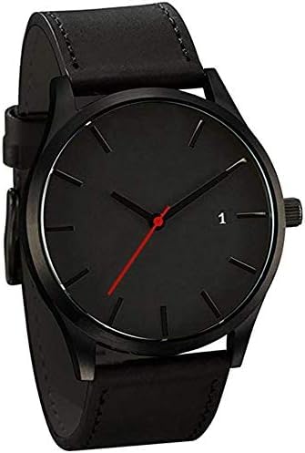 Minimalist Watch, Black Case, Black Dial, Red Second Hand, Leather Strap, Date Display
