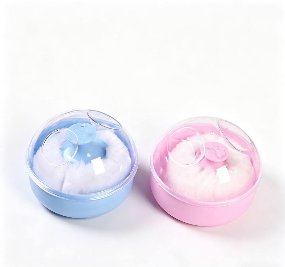 2PCS Powder Puff Containers, Refillable Lightweight Travel Powder Boxes with Soft Puff & Transparent Lid, Blue & Pink Set for Baby Bath and Travel