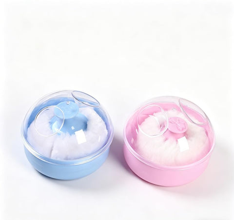 2PCS Powder Puff Containers, Refillable Lightweight Travel Powder Boxes with Soft Puff & Transparent Lid, Blue & Pink Set for Baby Bath and Travel
