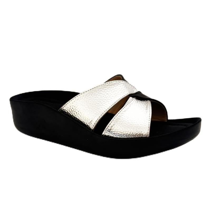 she Footwear Women's Criss-Cross Sandals Comfort Slides (Silver/Black, 41)