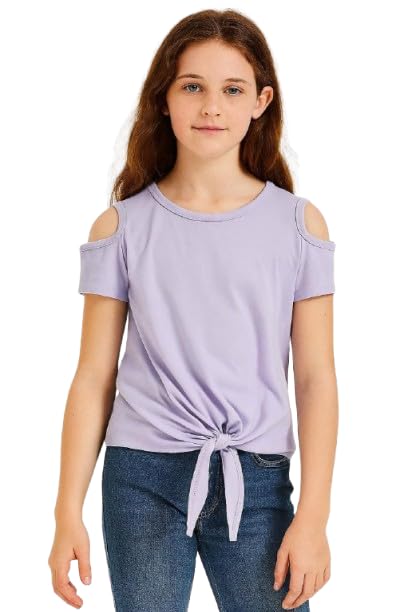 Girls Cold Shoulder T-Shirt with Front Tie Detail, Casual Summer Top