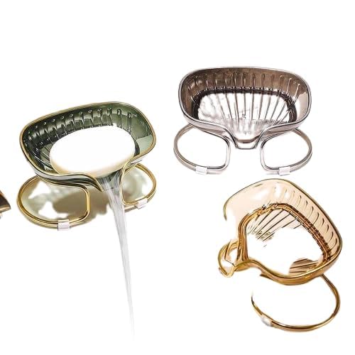 Transparent Acrylic Soap Dish with Elegant Gold Metal Stand – Modern Multi-Use Soap Holder for Bathroom and Kitchen with Water Drainage Design, Durable and Stylish Organizer