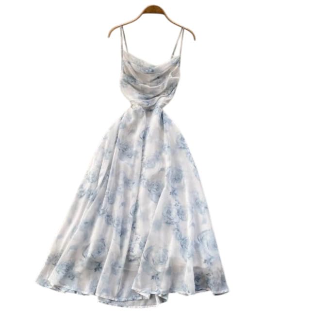 Floral Cut Out Slip Dresses - High Waist A-Line Sundress for Summer Beachwear - Elegant Korean Fairy Vestidos for Women (Code 1024)