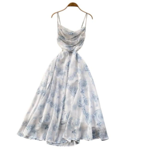 Floral Cut Out Slip Dresses - High Waist A-Line Sundress for Summer Beachwear - Elegant Korean Fairy Vestidos for Women (Code 1024)