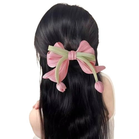 1pcs Fabric Bow Hair Clip, Multi-Color Pastel, Long Ribbon Tails, Soft Material, Hair Accessory
