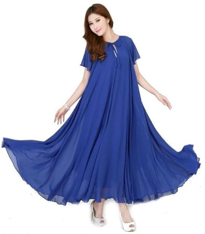 Women's Chiffon Short Sleeve Maxi Dress with Lining, Blue