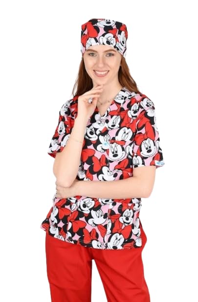 Red minnie mouse Medical Scrub printed Hospital unisex-dental - Surgical scrubTop only -half Sleevs - Doctor Scrub -Medical Uniform