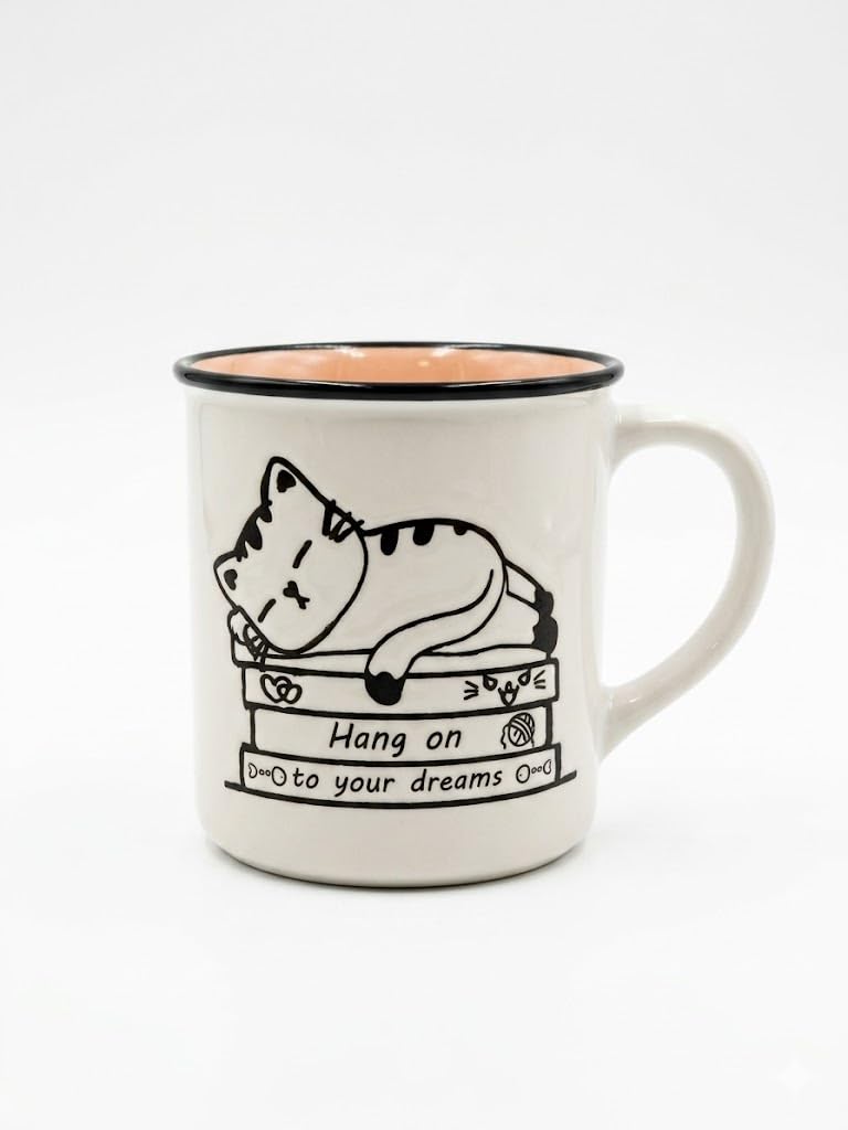 Porcelain Mug with Cat Book Design, Motivational Quote, Enamel Style with Black Rim, Interior, Ceramic. (Light Pink)