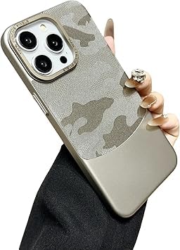 Fekra Luxury Camouflage Hard PC Case For iPhone 16 Metal Lens protection Matte shockproof Back cover (Camo Grey, iphone 16)