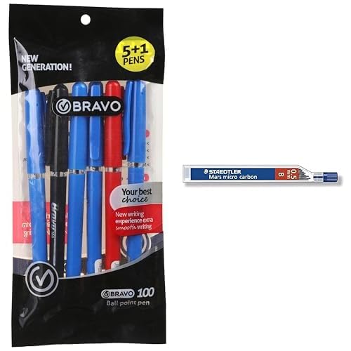 Bravo Stationery Bundle: 100 Ballpoint Pen 6-Pack + Staedtler Micro Mars Carbon Leads 0.5mm B