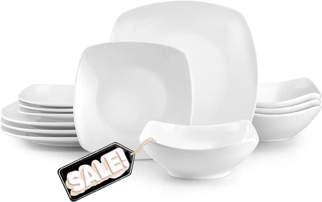 Luna Plates and Bowls Sets, 12 Piece Modern Porcelain Dish Set for 4, Chip and Scratch Resistant Square Dinnerware Set, Microwave and Dishwasher Safe, Pearl White
