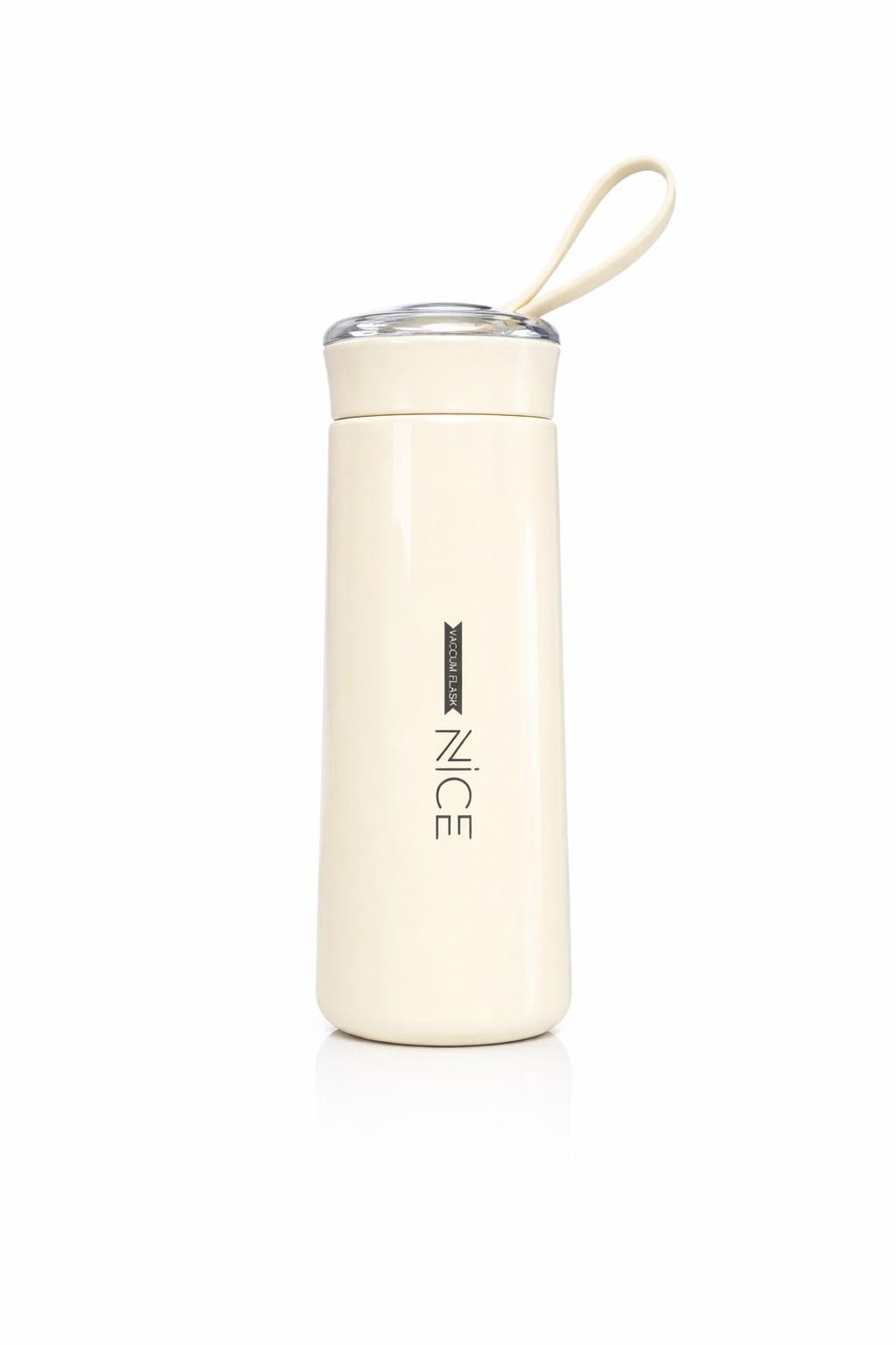 Double Wall Glass Water Bottle, 400ml Square Shape, Glossy, Leakproof, BPA Free, with Silicone Carrying Loop (White)
