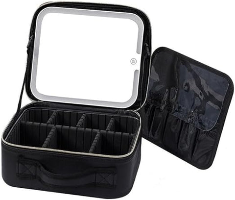 Bag Makeup with LED Mirror, Travel Cosmetic Case with 3 Light Modes, Adjustable Dividers, Waterproof Organizer Box with Brush Slots for Women and Girls, X-595 (Black)