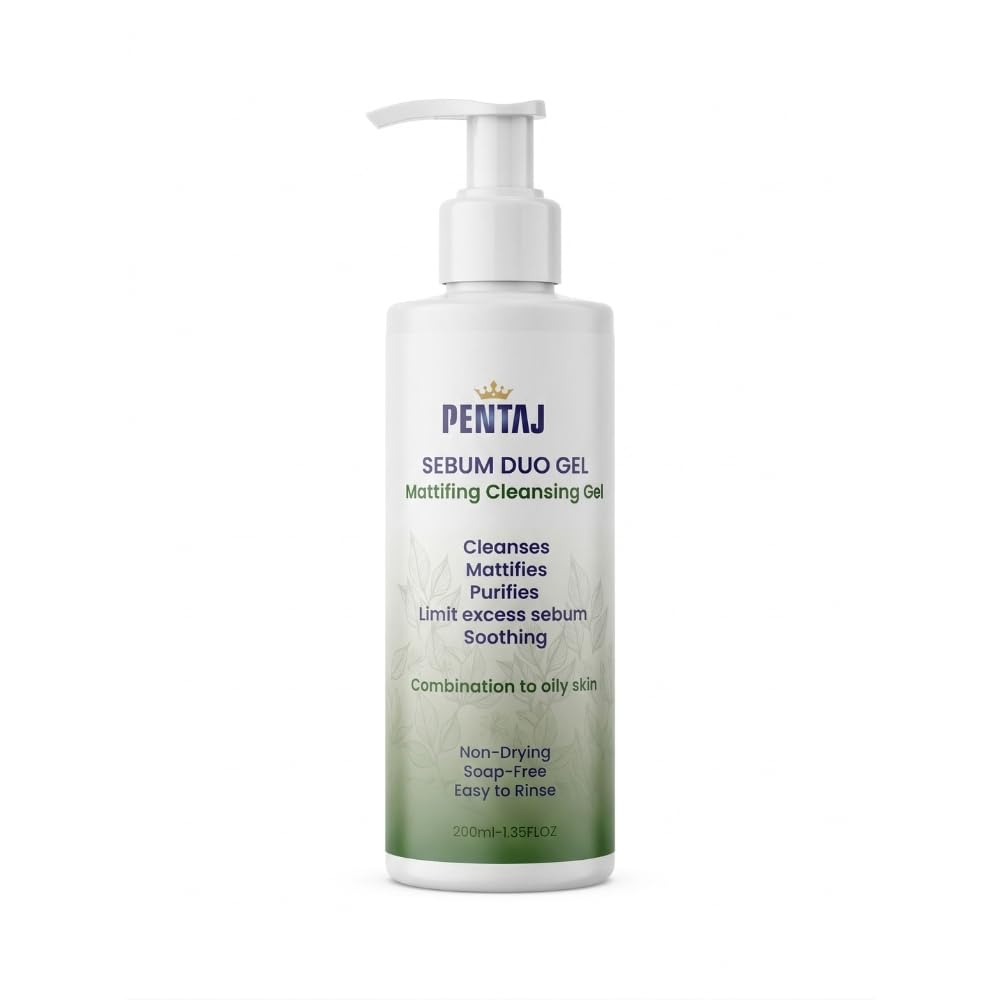 Pentaj Sebum Duo Gel Mattifying Cleansing Gel,200ml, with Chamomile Extract, Thyme Extract, Vitamin E and Menthol, for Combination to Oily Skin