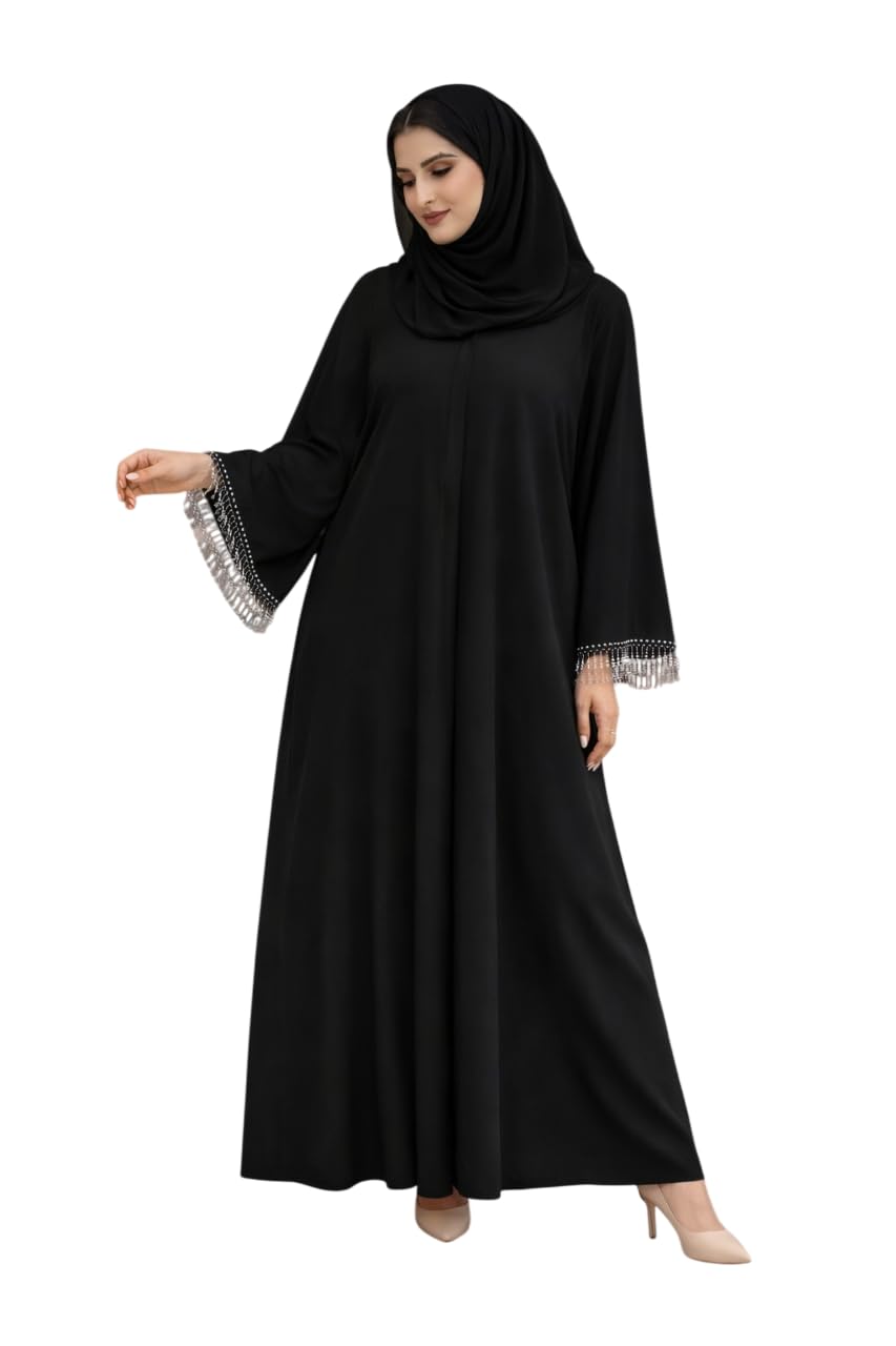 Black Elegant Abaya With Wide Sleeve Paisley Long Abaya For Women Suitable For Ramadan Outgoing Holiday Evening By FOUR H Code 4041