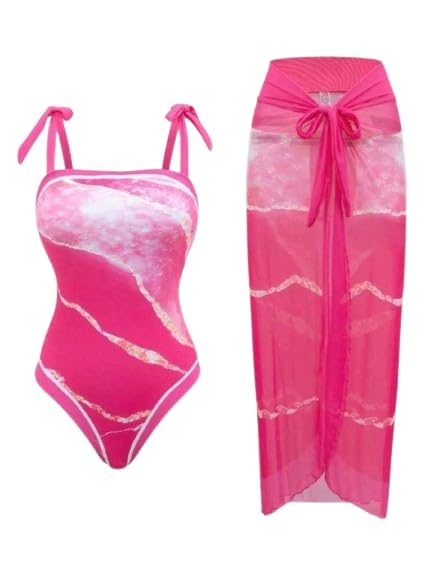 SHEIN-Swim Printed Strap Beachwear Set, Including One-Piece Swimsuit And Cover Up Skirt