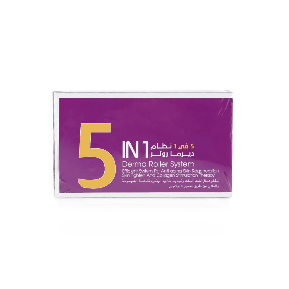 Derma Roller System 5 in 1 White/Purple (0.5mm, 1.00mm, 1.5mm, Silicone Brush) for Treating Skin and Hair Problems